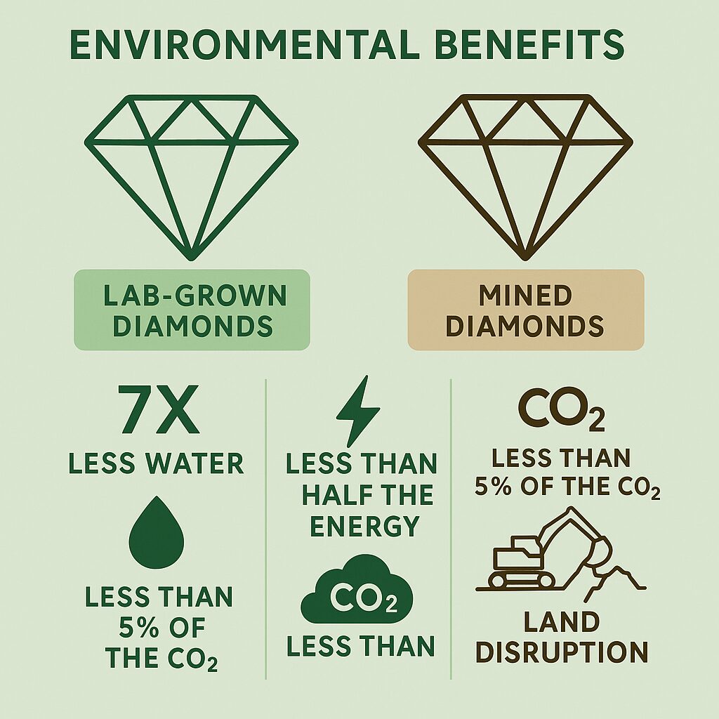 Infographic comparing environmental impact of lab-grown vs mined diamonds, focusing on water use, CO₂ emissions, and energy consumption.