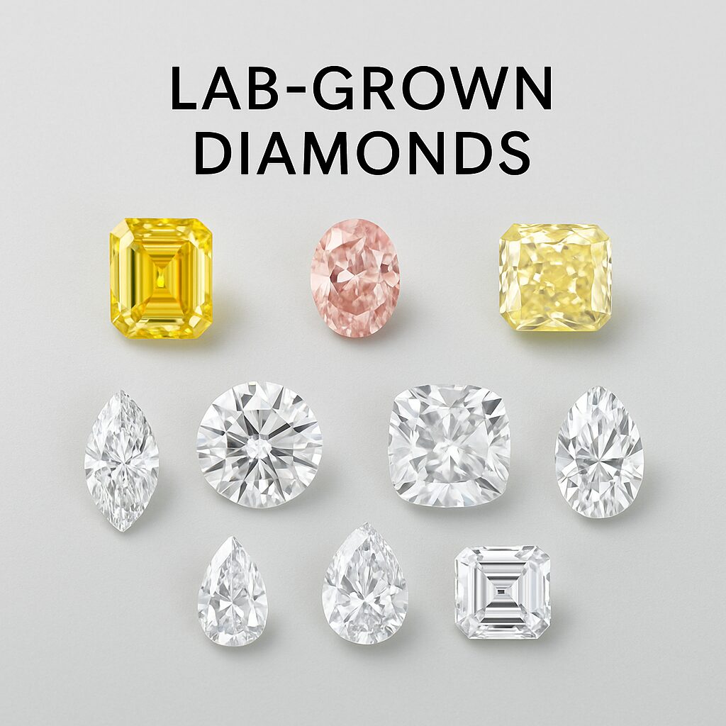 Assortment of lab-grown diamonds in various cuts and colors including round, cushion, pear, and emerald shapes.