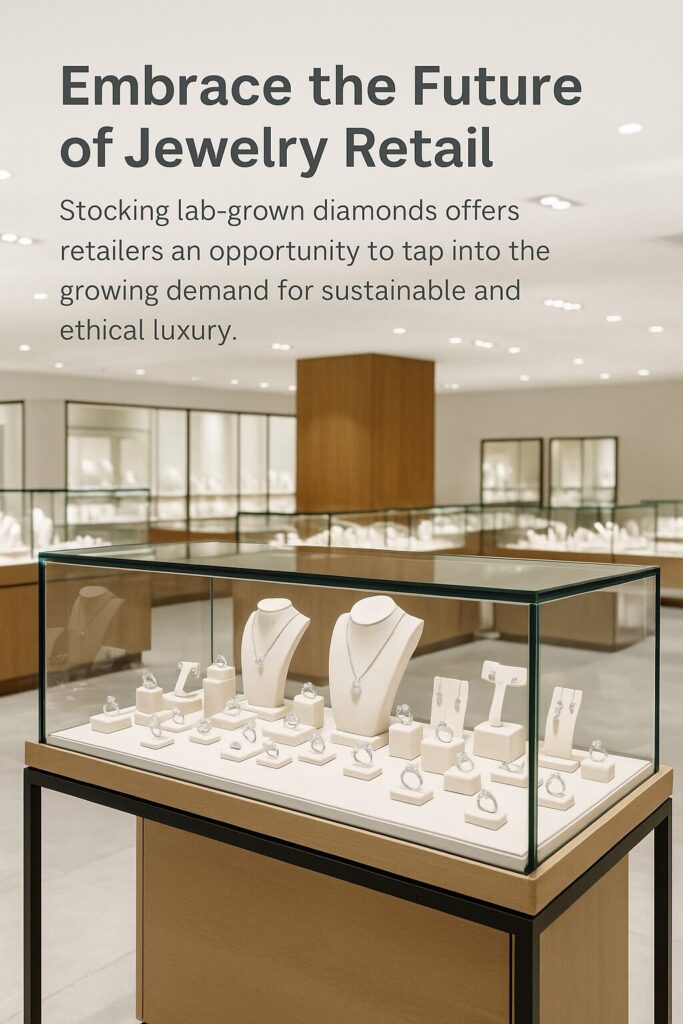 Contemporary jewelry store display case showcasing lab-grown diamond rings and necklaces in a minimalist setting.