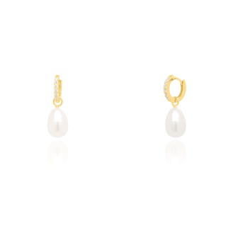 Sterling Silver Gold Vermeil Dangle Freshwater Pearl CZ Huggies Earrings (HUG-1146)