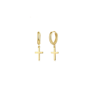 10k Yellow Gold Plain Cross Dangle Huggies (GHUG-10-1022)