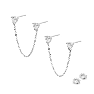 Sterling Silver CZ Stones Double Piercing Connected Studs (ST-1508)