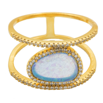  Sterling Silver Gold Vermeil CZ Large Halo Blue Opal Ring  (R-1456-G)