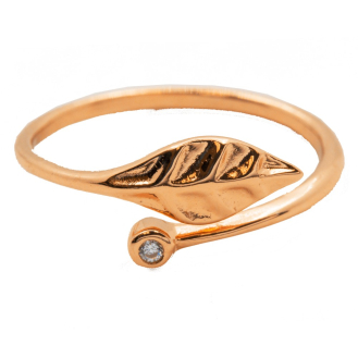 Sterling Silver Rosegold Vermeil Leaf and Bezel CZ Ring (R-1458-R)