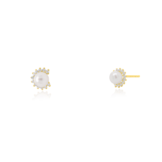 10K Yellow Gold Freshwater Pearl and CZ Stud Earrings(GE-10-1124)