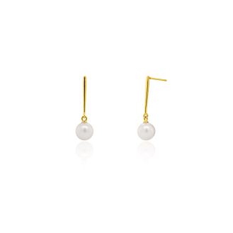 10K Yellow Gold Bar with Freshwater Pearl Dangle Stud Earrings(GE-10-1131)