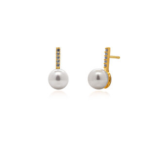 10K Yellow Gold Pave CZ Bar and Freshwater Pearl Drop Stud Earrings (GE-10-1133)