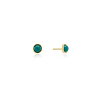 10K Yellow Gold Round Bezel Set Turquoise Stud Earrings (GE-10-1136)