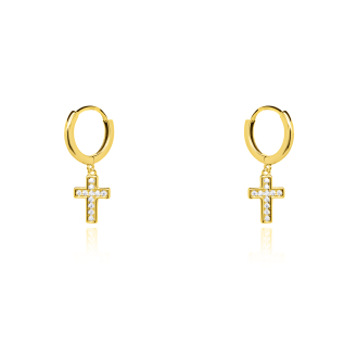 Sterling Silver Gold Vermeil Dangling Cross Huggies Earrings (HUG-1156)