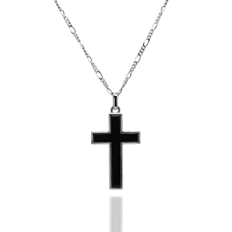 Sterling Silver Rhodium Plated Black Onyx Cross Pendant Necklace (N-1605)
