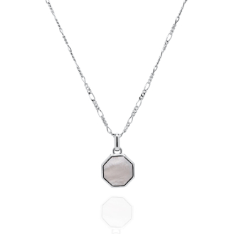 Sterling Silver Rhodium Plated MOP Octagon Tag Pendant Necklace (N-1607)