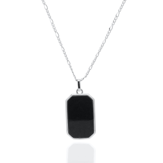 Sterling Silver Rhodium Plated Black Onyx Tag Necklace (N-1609-RH)