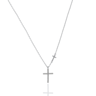 Sterling Silver CZ Pave Cross with a Dainty Floating Plain Cross Necklace (N-1618)