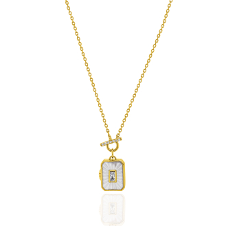 Sterling Silver Gold Vermeil CZ MOP Rectangle Locket Necklace (N-1624)