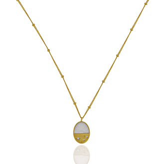 Sterling Silver Gold Vermeil CZ Star Setting MOP Oval Pendant Necklace (N-1627)