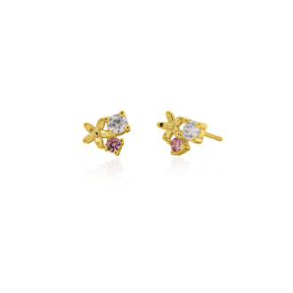 Sterling Silver Gold Vermeil CZ Dainty Flower White & Pink Stud Earrings(ST-1704)