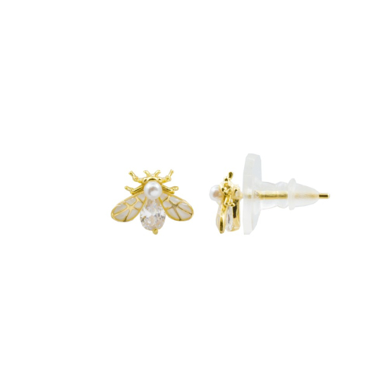 Sterling Silver Gold Vermeil CZ, Pearl, and Enamel Firefly Studs(ST-1360)